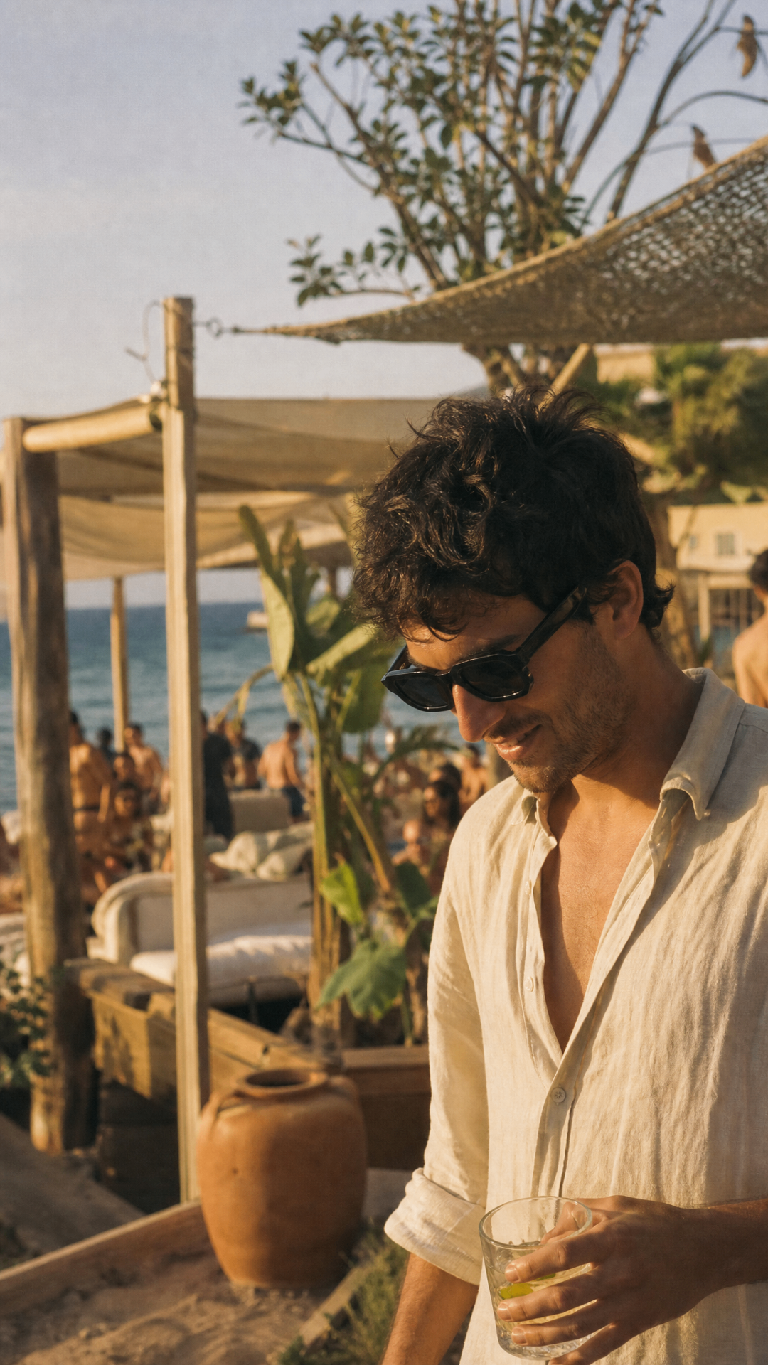 Mediterranean beach club, golden hour