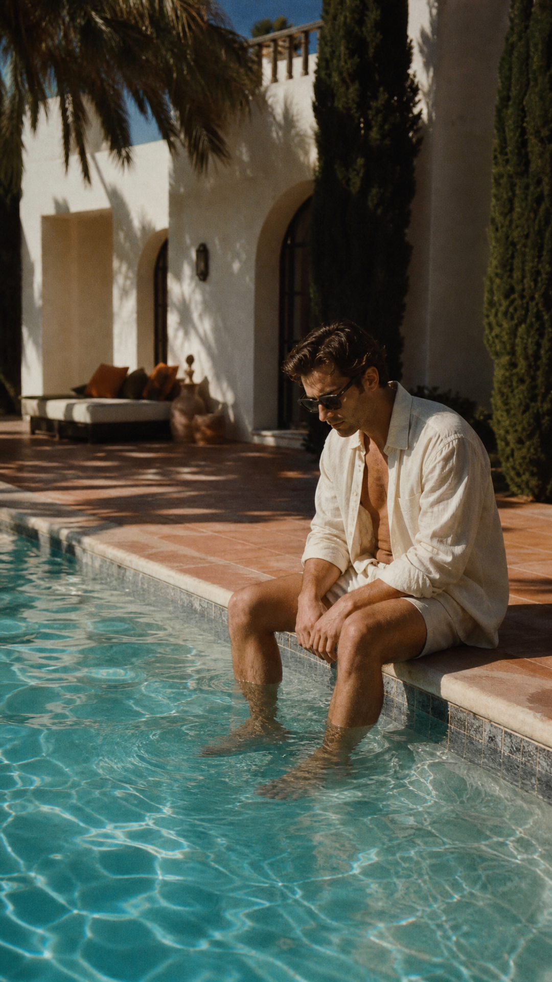 Poolside in linen, feet in the water